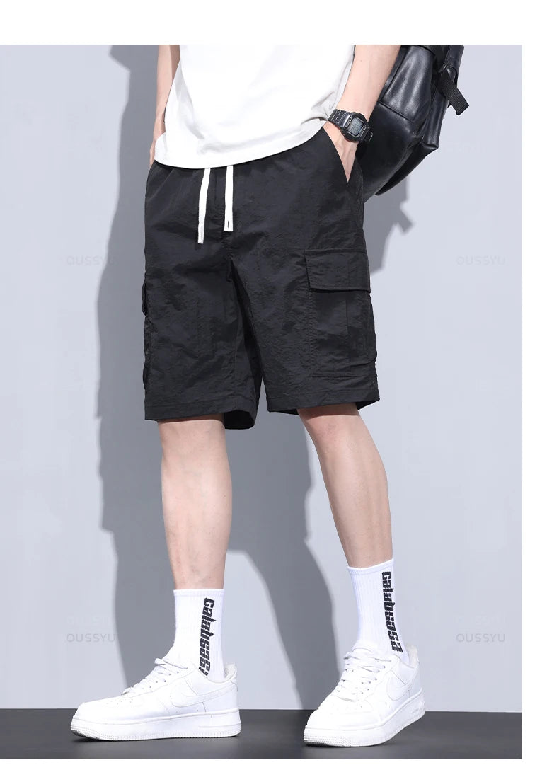 Summer Ultrathin Shorts Pants Men Cargo Work Side Pockets Joggers Grey Bermuda Knee Beach Nylon Short Pant Male Big Size M-5XL