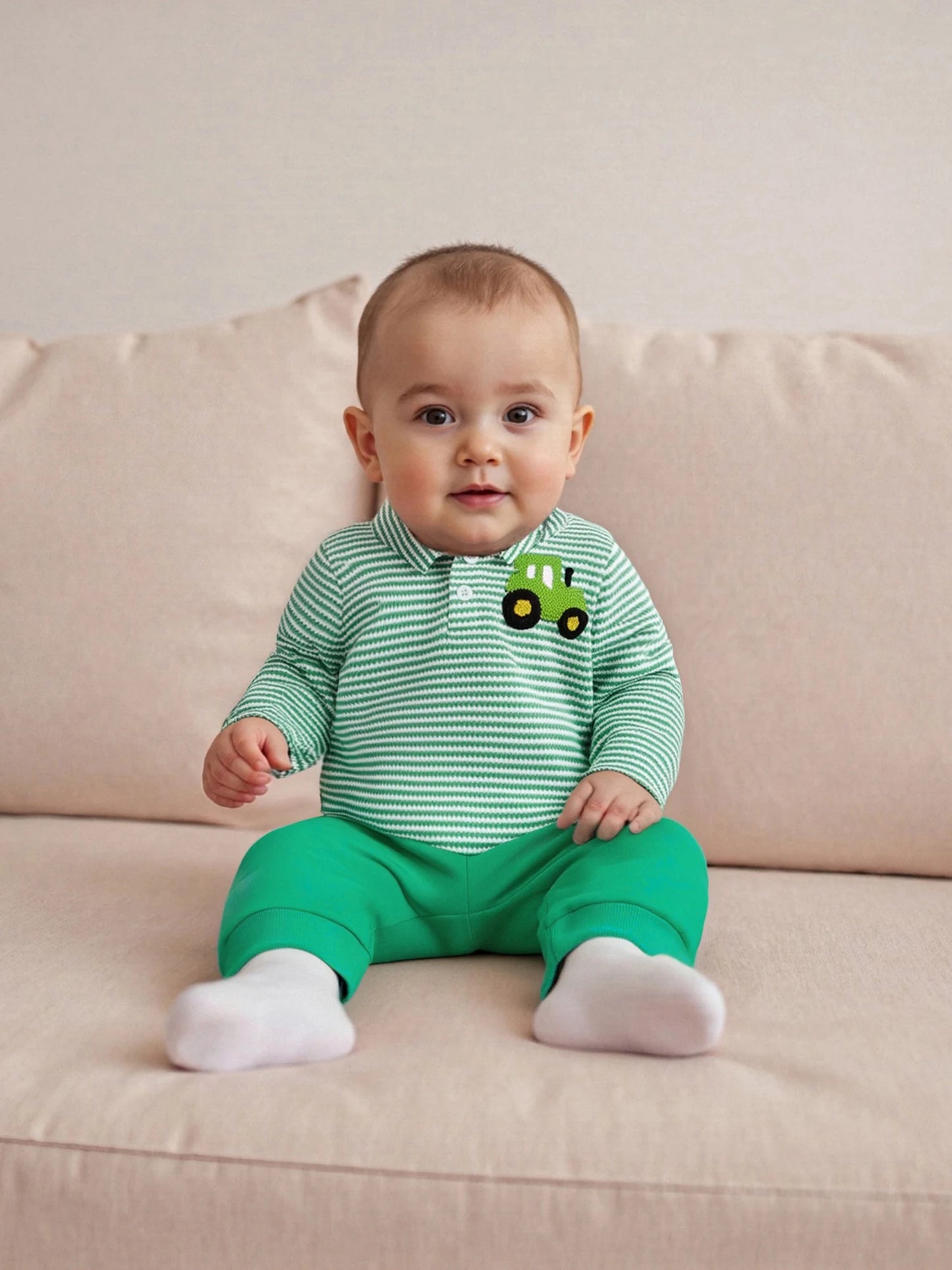 Infant Baby Boys Fall Winter Clothes Set - Long Sleeve Truck Embroidery Striped Top & Elastic Waist Pants