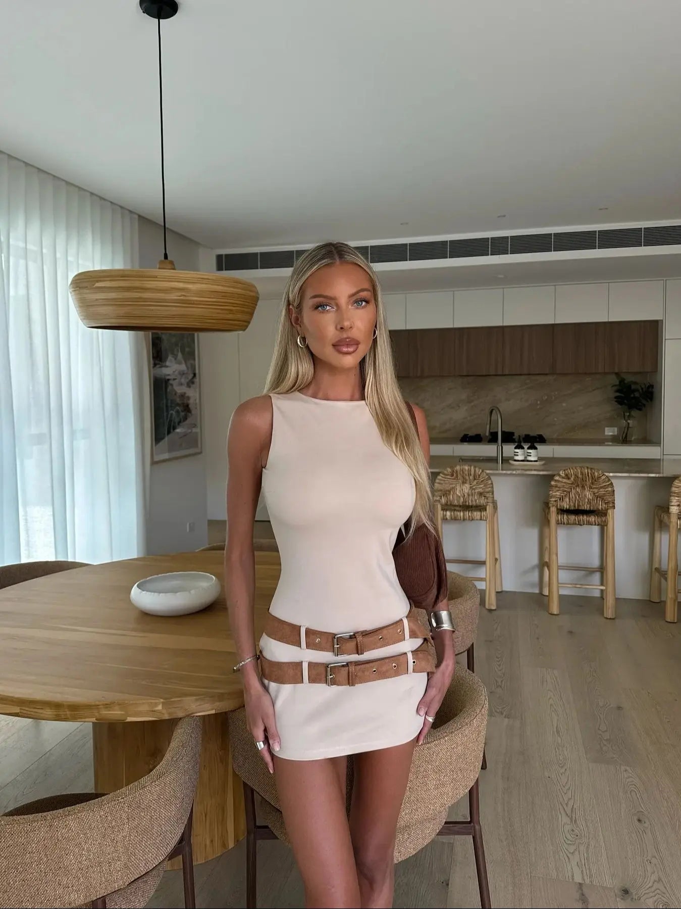 Women's Summer Round Neck Double belt Solid Hollow Out Elegant Button Mini Dress