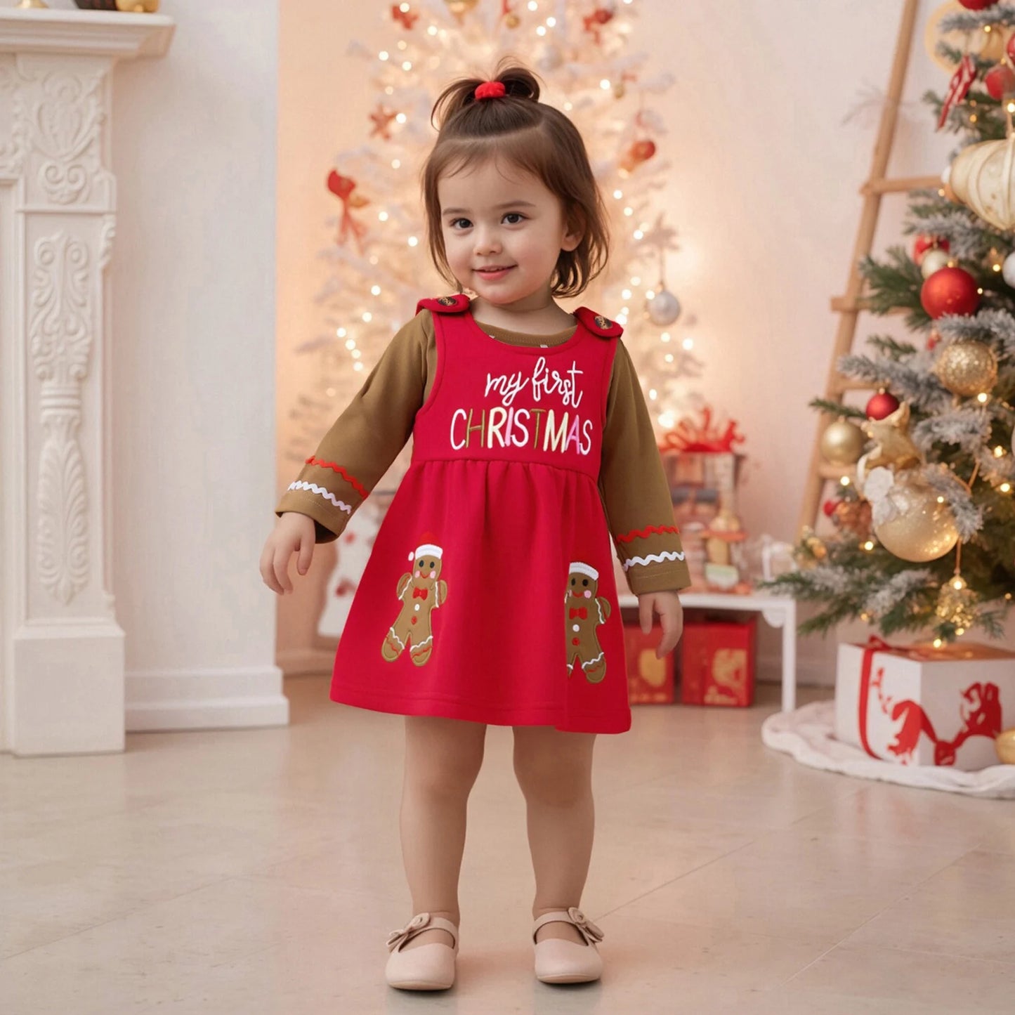 Baby Girls Christmas Clothes Set - Long Sleeve Romper & Gingerbread Man Embroidery Overalls Dress