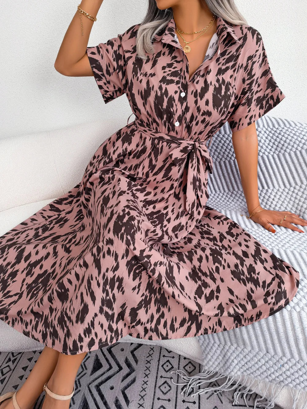 Women's Summer Casual Loose Leopard Lace Up Shirt Chic Dress