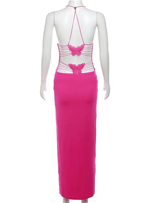 Women's Maxi Backless Butterfly Print Sleeveless Thin Line Summer Party Dress