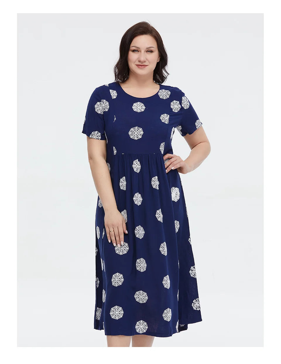 Women's Summer Elegant Cotton Oversize Office Polka Dot Embroidery Design Pocket Long Dress