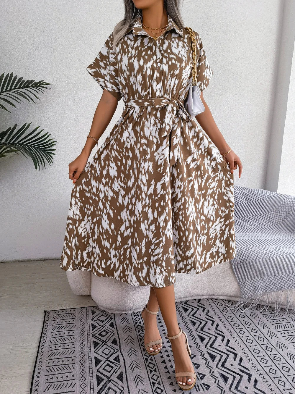 Women's Summer Casual Loose Leopard Lace Up Shirt Chic Dress