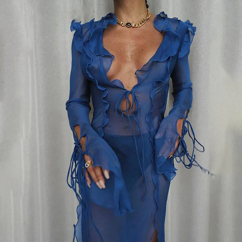 Women's Ruffle See Through Maxi Mesh Tie Up Long Beach Dress
