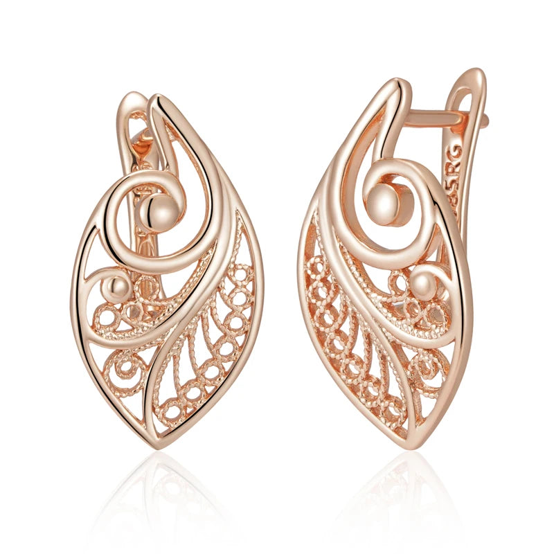 Women's Glossy 585 Rose Gold Colour Ethnic Bridal Unusual Hollow Flower Drop Earrings
