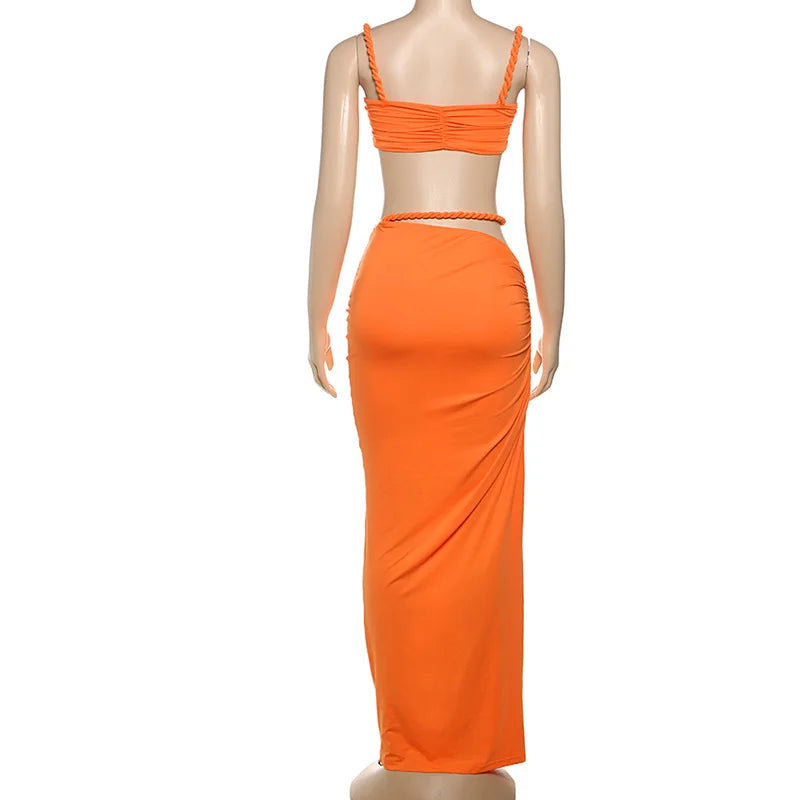 Women's Ruched Bandage 2 Piece Set Backless Decorative Cord Top and Skirt Dress Set