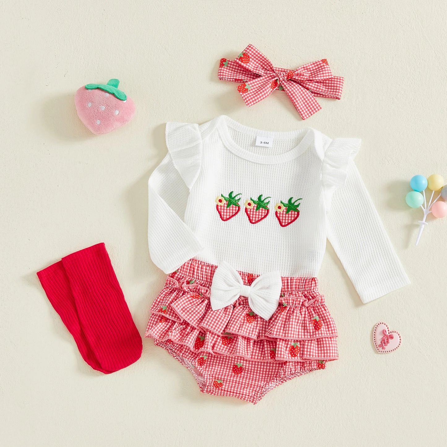 Baby Girls Strawberry Outfit Set - 4-Piece Long Sleeve Romper, Plaid Shorts, Headband & Socks (0-18M)