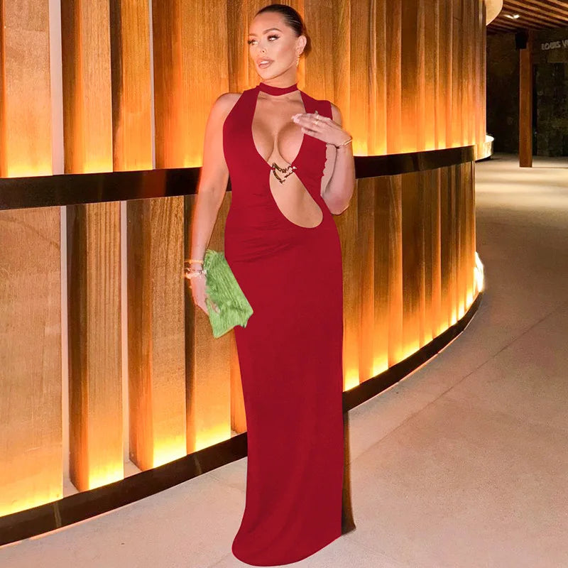 Women's Embellished Plunge Halter V Neck Maxi Outfit Club Party Cut Out Bodycon Dress