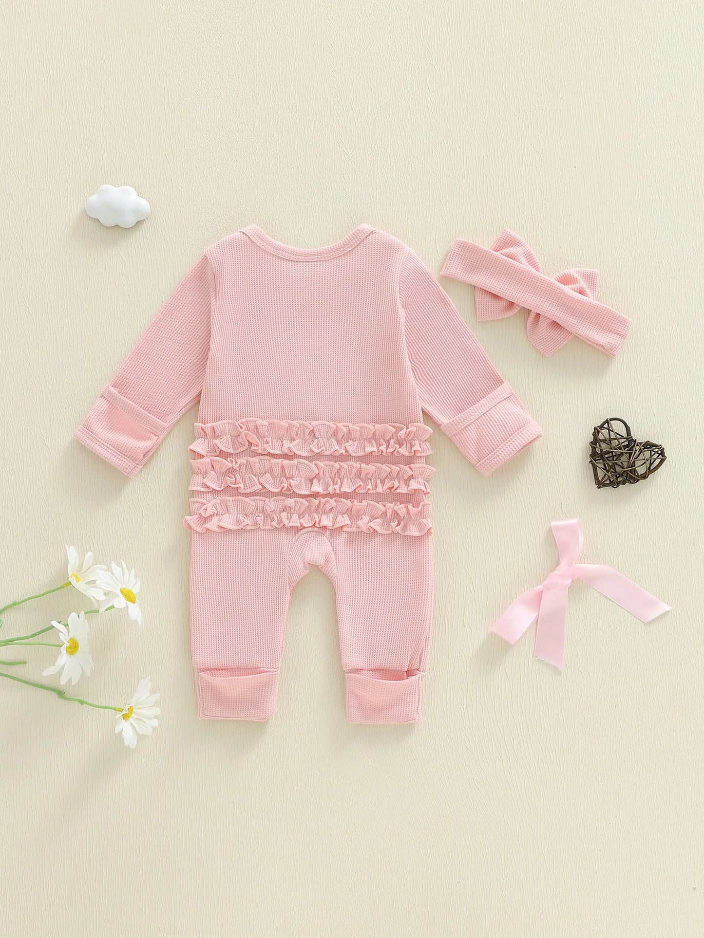 Newborn Baby Fall Winter Romper - Bow Letter Print Waffled Jumpsuit with Headband (0-6M)