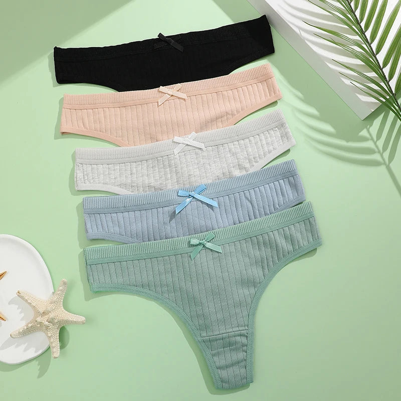 Women's Cotton Bow Tie Underwear 5-Pack - Ribbed Striped Low Waist Thongs