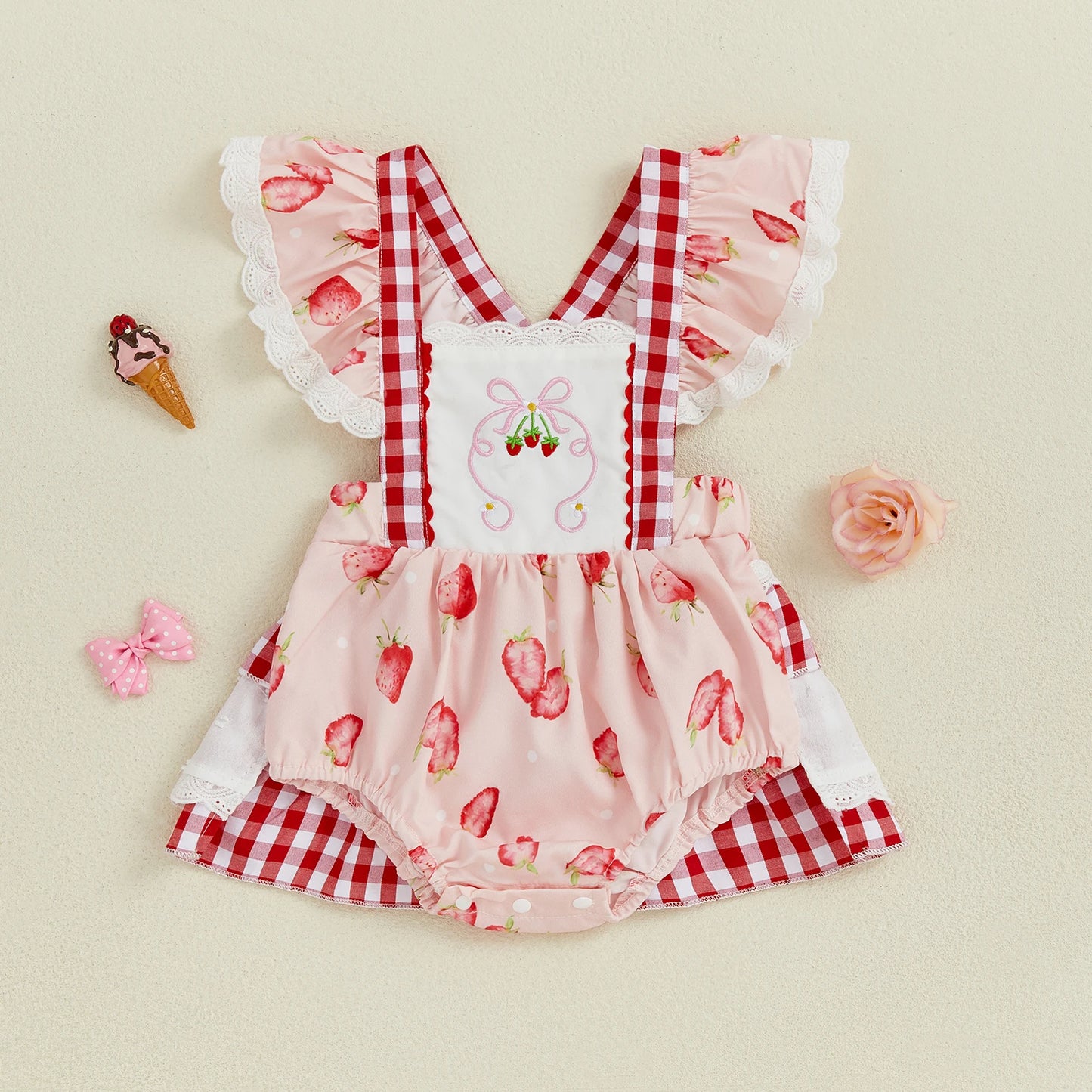 Baby Girls Strawberry Plaid Romper Dress - Flutter Sleeve Summer Jumpsuit (0-24M)