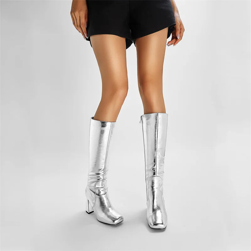 Women's Patent Leather 7cm Thick Heel Knee Side Zipper Boots