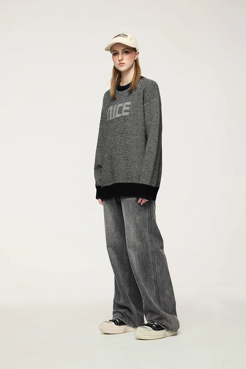 Unisex Letter Print Loose Knit Pullover Sweater
