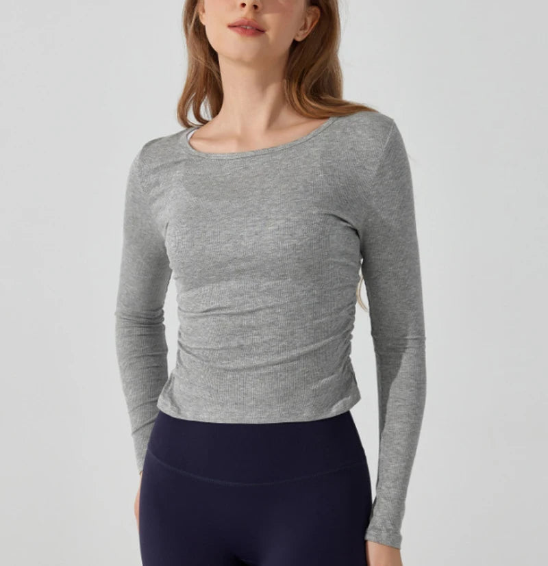 Women's Long Sleeve Yoga Shirt Slim Fit Gym Top Breathable Ribbed Gym Running Top Workout Sportswear