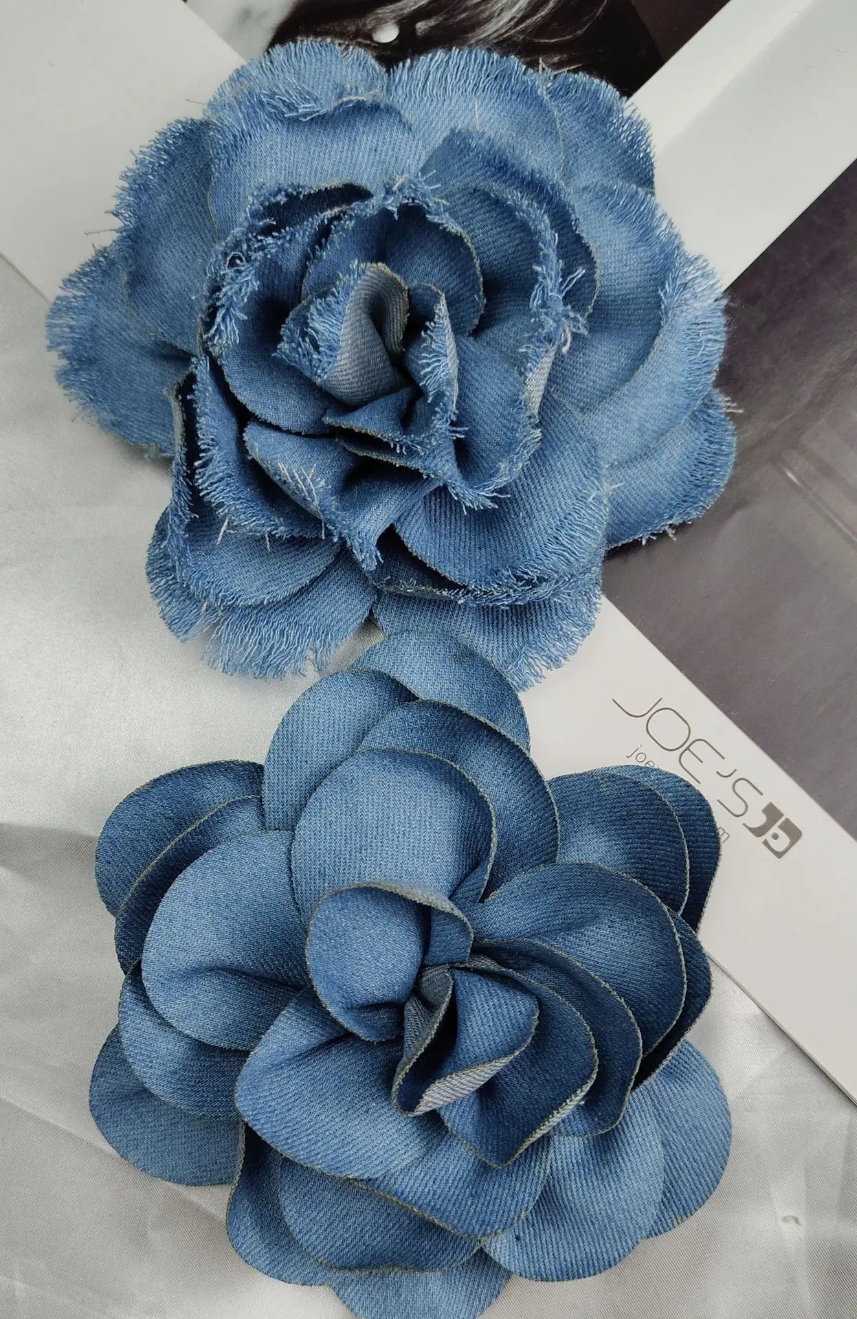 Handmade Denim Rose Flower Brooch - 15cm Fashion Corsage Lapel Pin