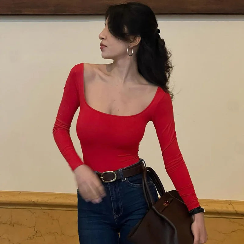 Women's Square Collar Long Sleeve Solid Basic Top