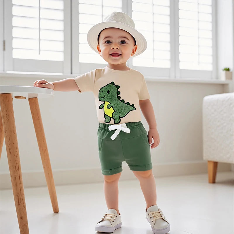 0-3Y Toddler Baby Boys Clothes Set Dinosaur Embroidery Short Sleeve T-shirts Solid Elastic Waist Shorts