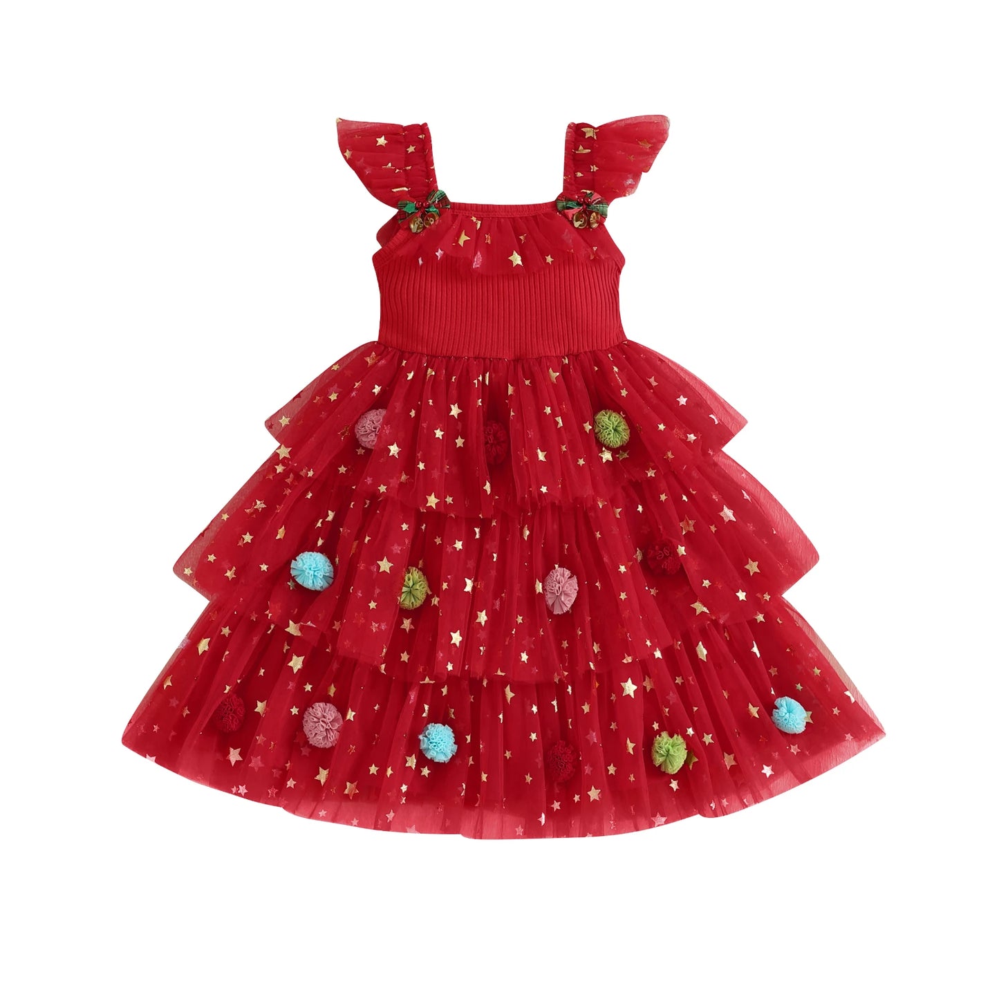 Girl's Christmas Princess Dress - Star Ball Square Neck Layered Tulle A-Line