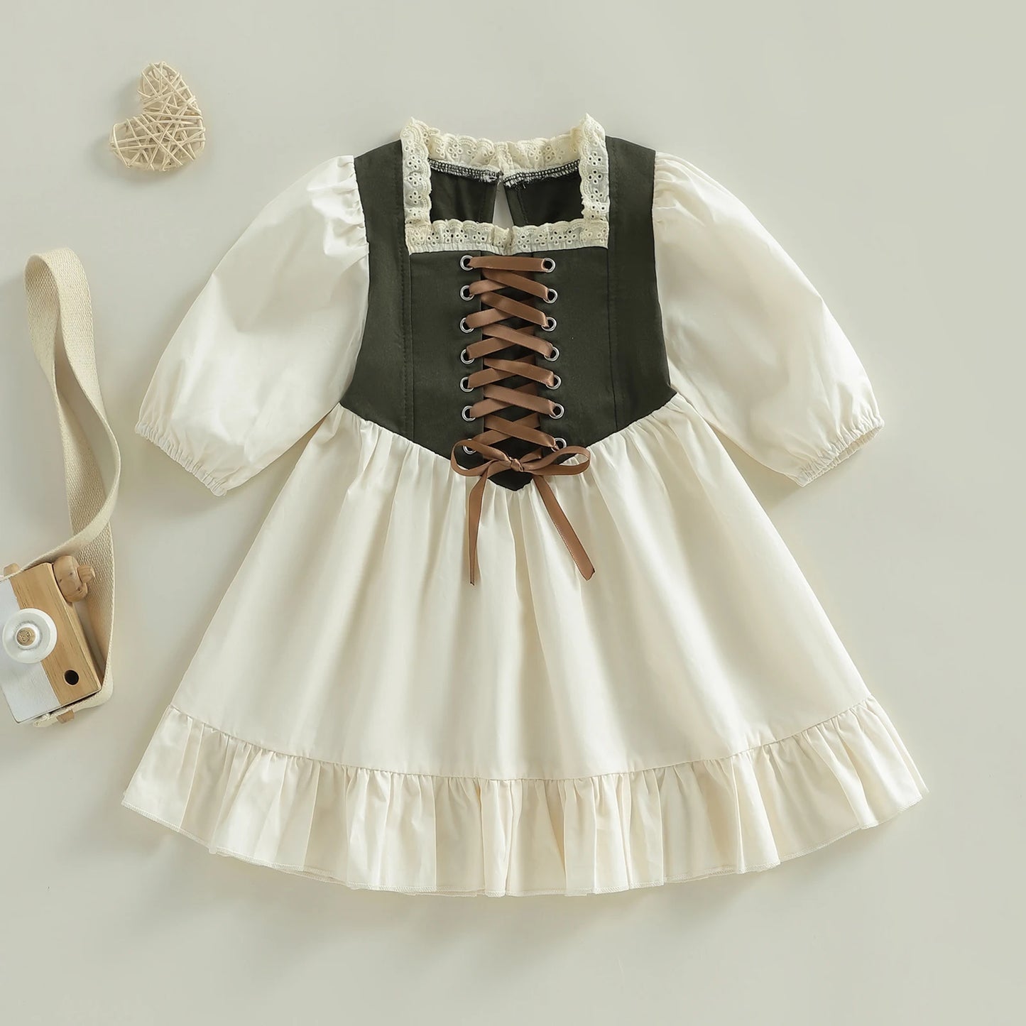 Girls Holiday Dress - Lace Trim Square Neck Ruffle Dress with Long Sleeves