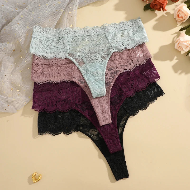 3Pcs Women's Lace Hollow Out Underwear Floral Print Panties Low-Waist Thong Breathable G-string Lingerie