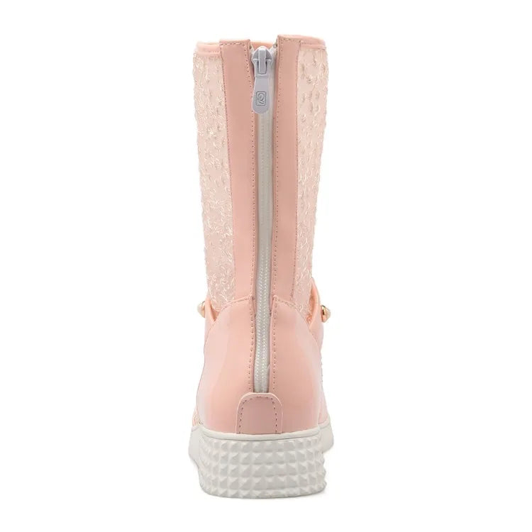 Women's Leather Splicing Mesh Pearl Metal Decoration Zipper Ankle Boots