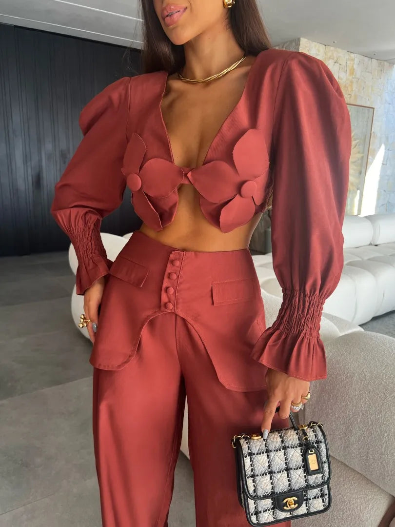 Women's Two Piece Set With Pants Summer Long Sleeve Short Top Wide Leg Pants Set