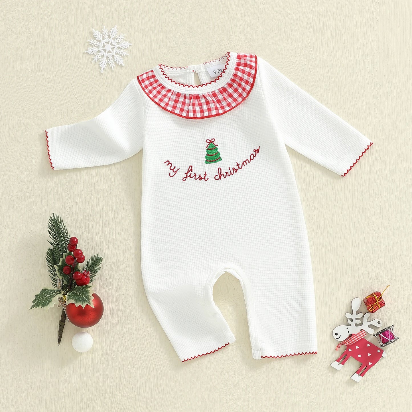 Baby Christmas Tree Embroidered Plaid Romper (0-6M)