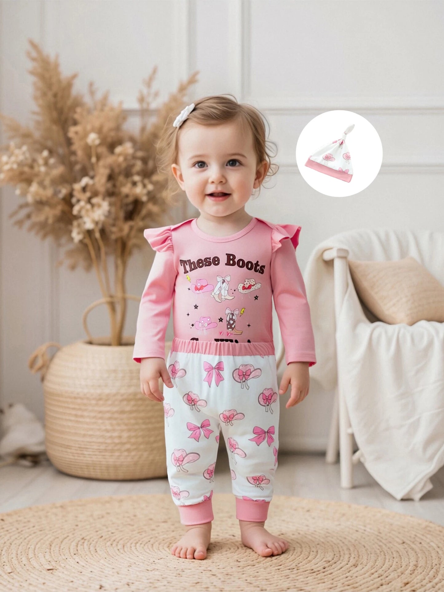 Baby Girls Western Fall Winter Clothes Set - Long Sleeve Boots Letters Print Romper with Bow Pants & Hat