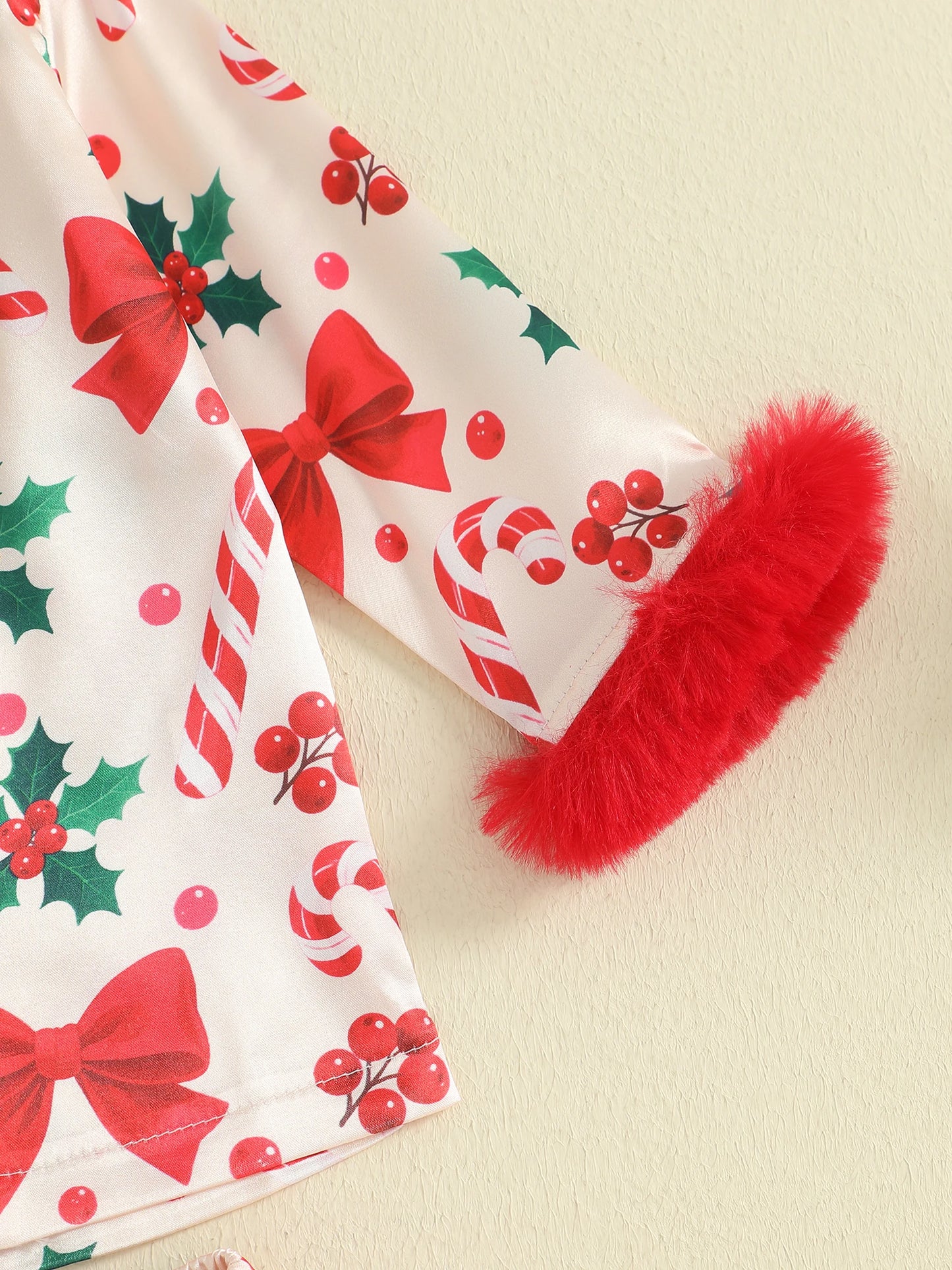 Kids Girls Christmas Satin Pyjamas Set - Candy Cane Bow Print Button Down Top & Pants (0-7Y)