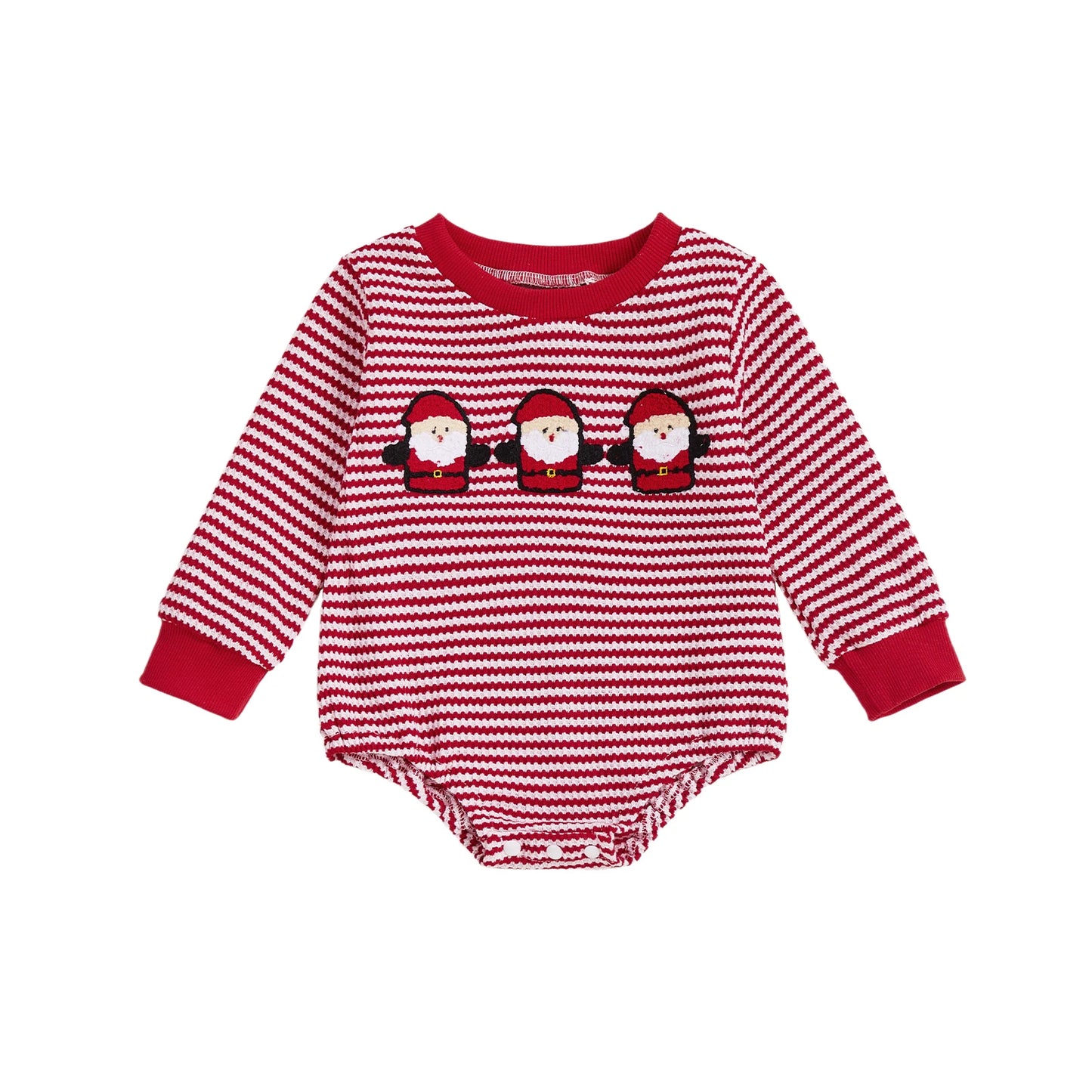 Baby Christmas Romper - Long Sleeve Stripes Print Xmas Embroidery Bodysuit