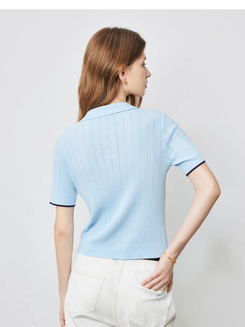 Women's Knitwear Contrast Color Hollow Out Polo Neck Short Sleeve Shirt