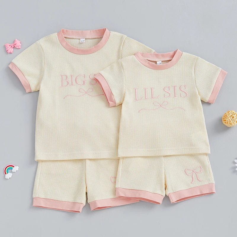 0-5Y Sister Matching Baby Girls Clothes Sets Short Sleeve O Neck Letter Bow Embroidery T Shirts Shorts Sets