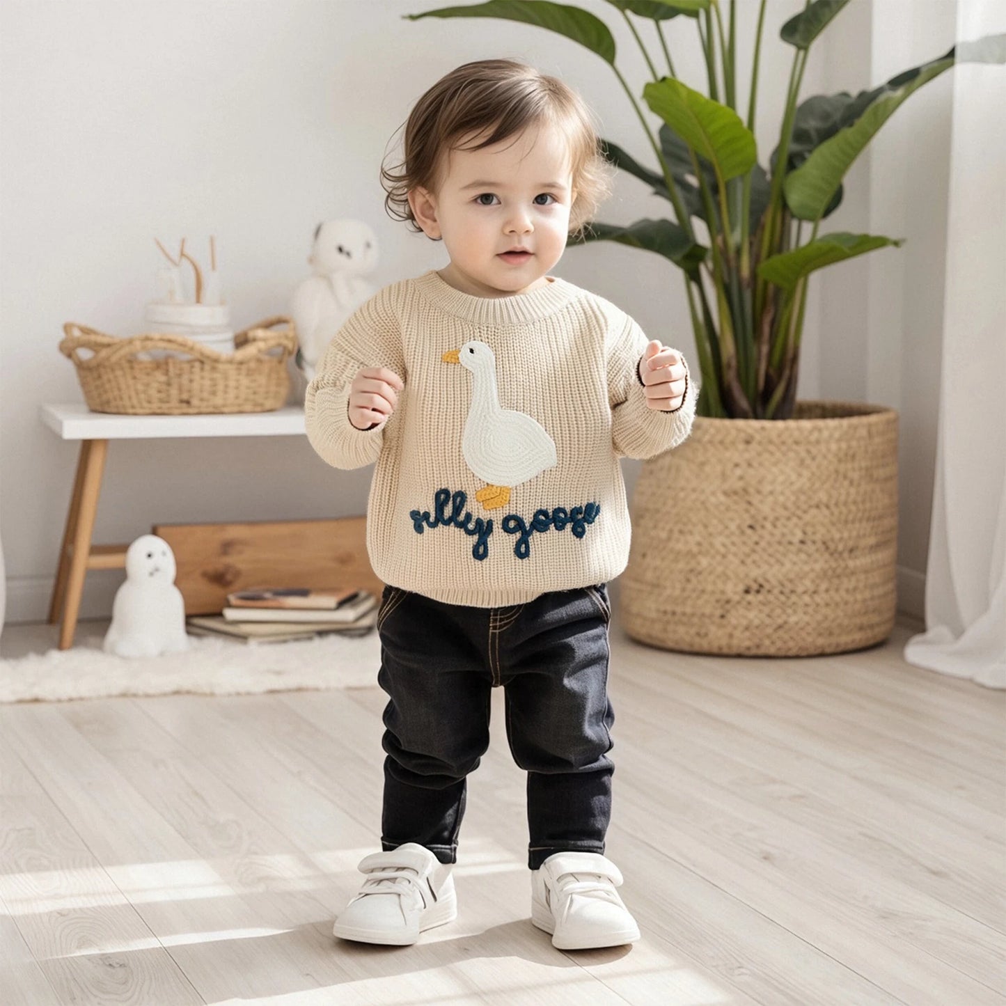 Toddler Baby Goose Sweater - Animal Letter Embroidered Crewneck Chunky Knit