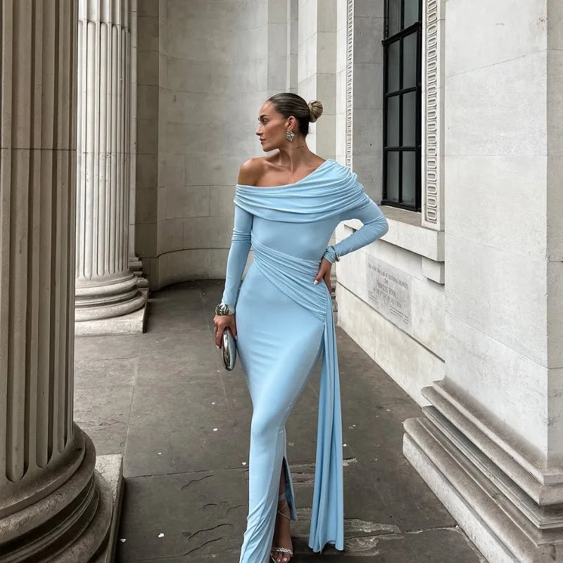 Women's Elegant Asymmetrical Ruched Maxi Dress - Long Sleeve Bodycon Gown