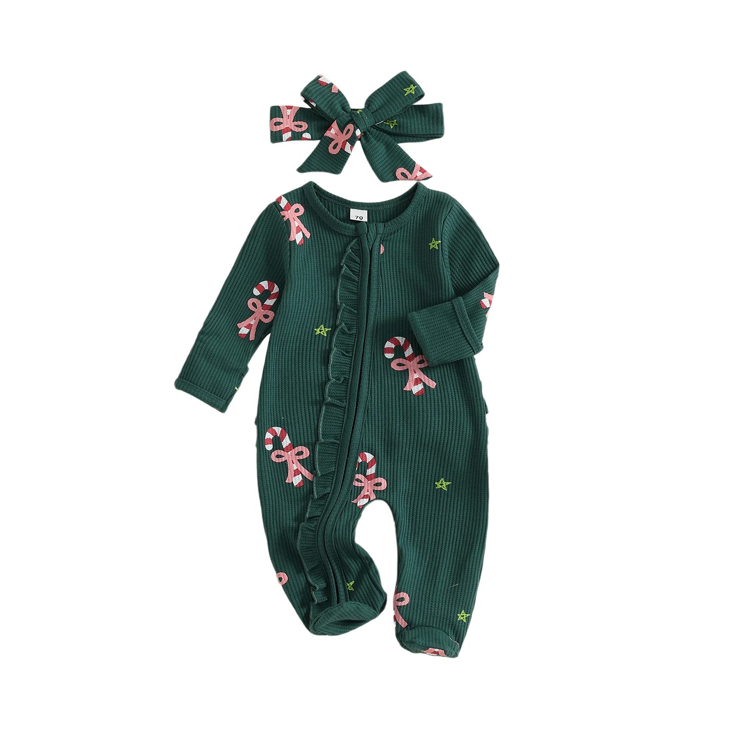 Baby Christmas Romper Set - Candy Cane/Gingerbread Print Oblique Zipper Jumpsuit & Headband