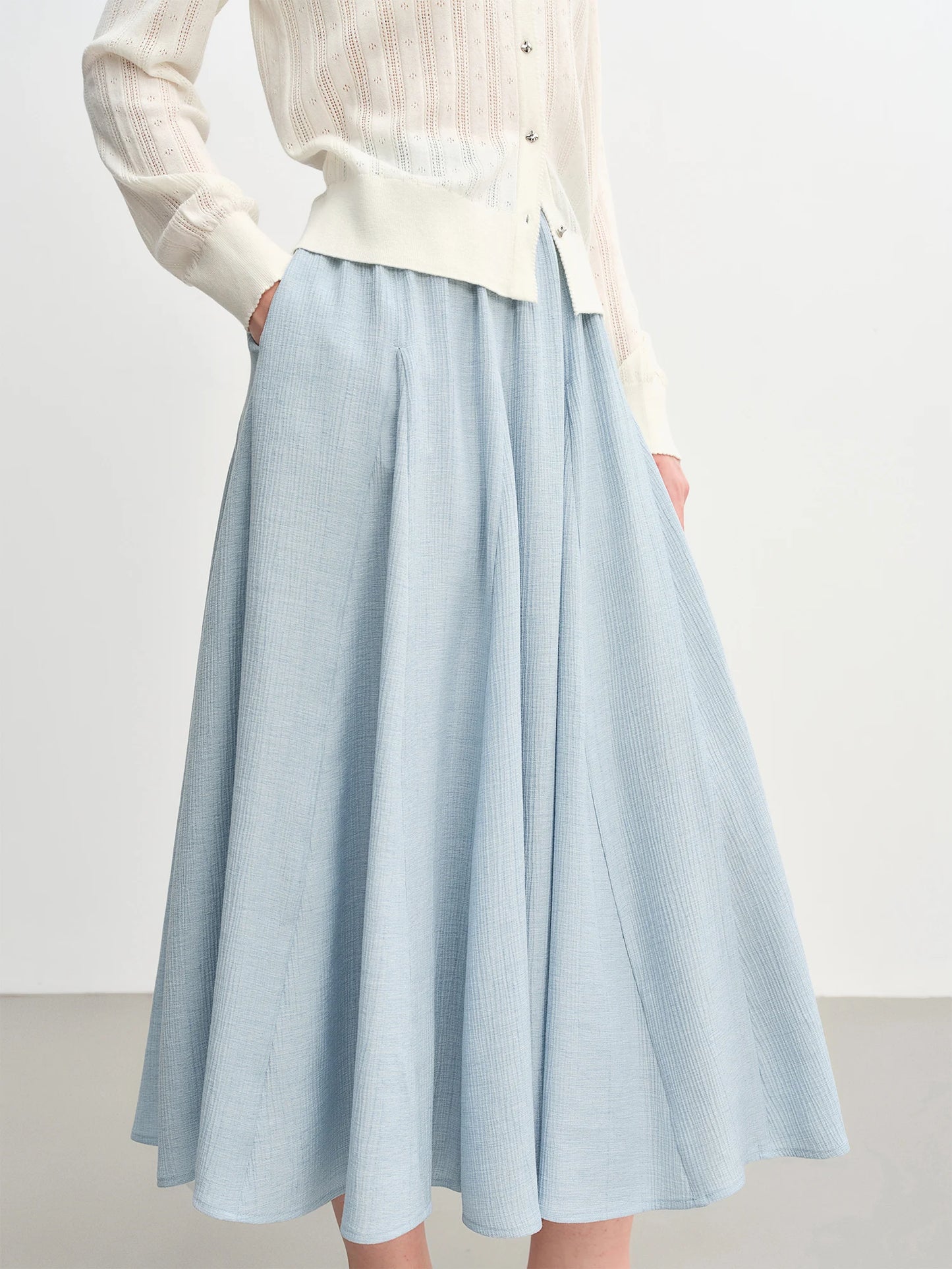 Pleated A-Line Midi Skirt - Textured White Long Skirt