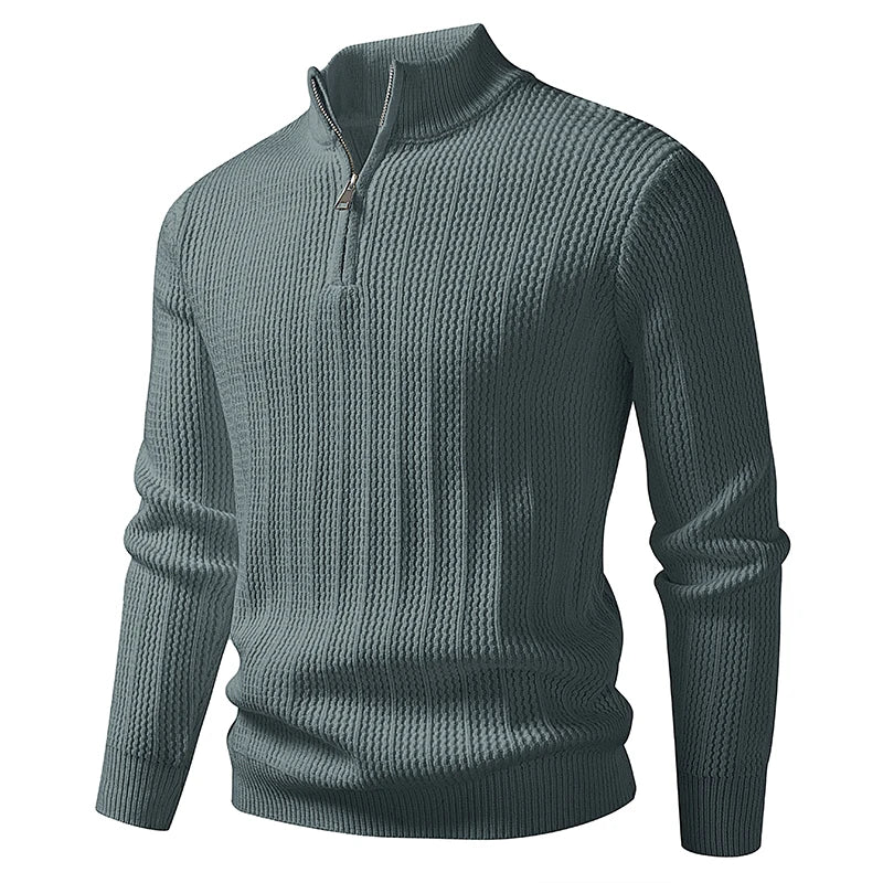 Men's Stand Collar Half-Zip Sweater - Loose Fit Solid Colour Knit Pullover for Autumn Winter