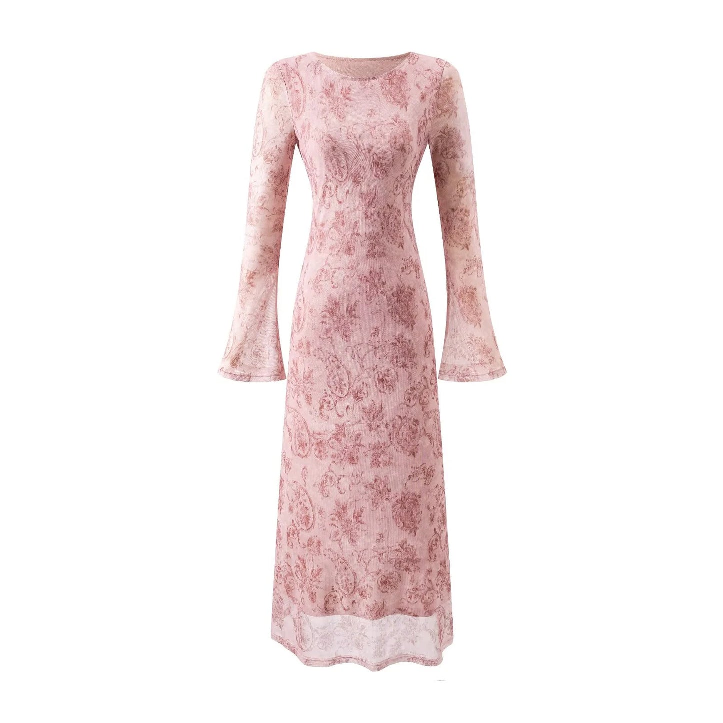 Women's French Retro Printed Mesh Dress - Trumpet Sleeve Wrap Style