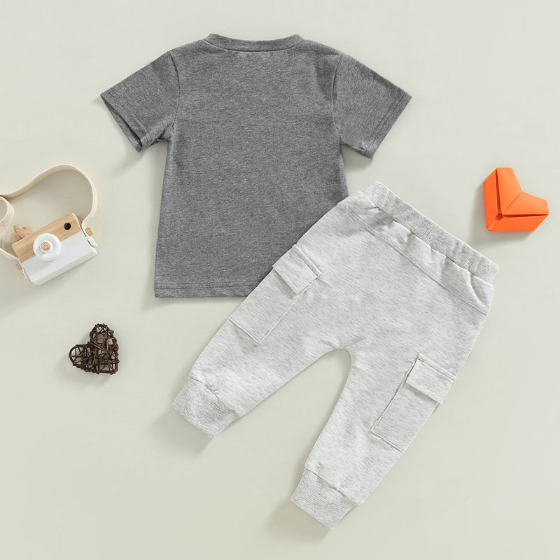 Valentine's Day Baby Boys Summer Outfit Set - Letter Print Grey T-Shirt & Pocket Pants (0-4Y)