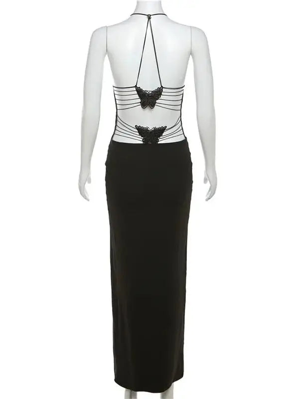 Women's Maxi Backless Butterfly Print Sleeveless Thin Line Summer Party Dress