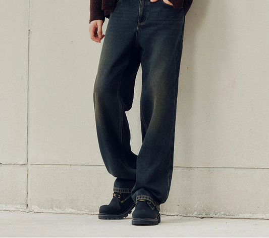 Vintage Washed Whiskered Loose Fit Straight Leg Jeans - Men's Classic Casual Denim