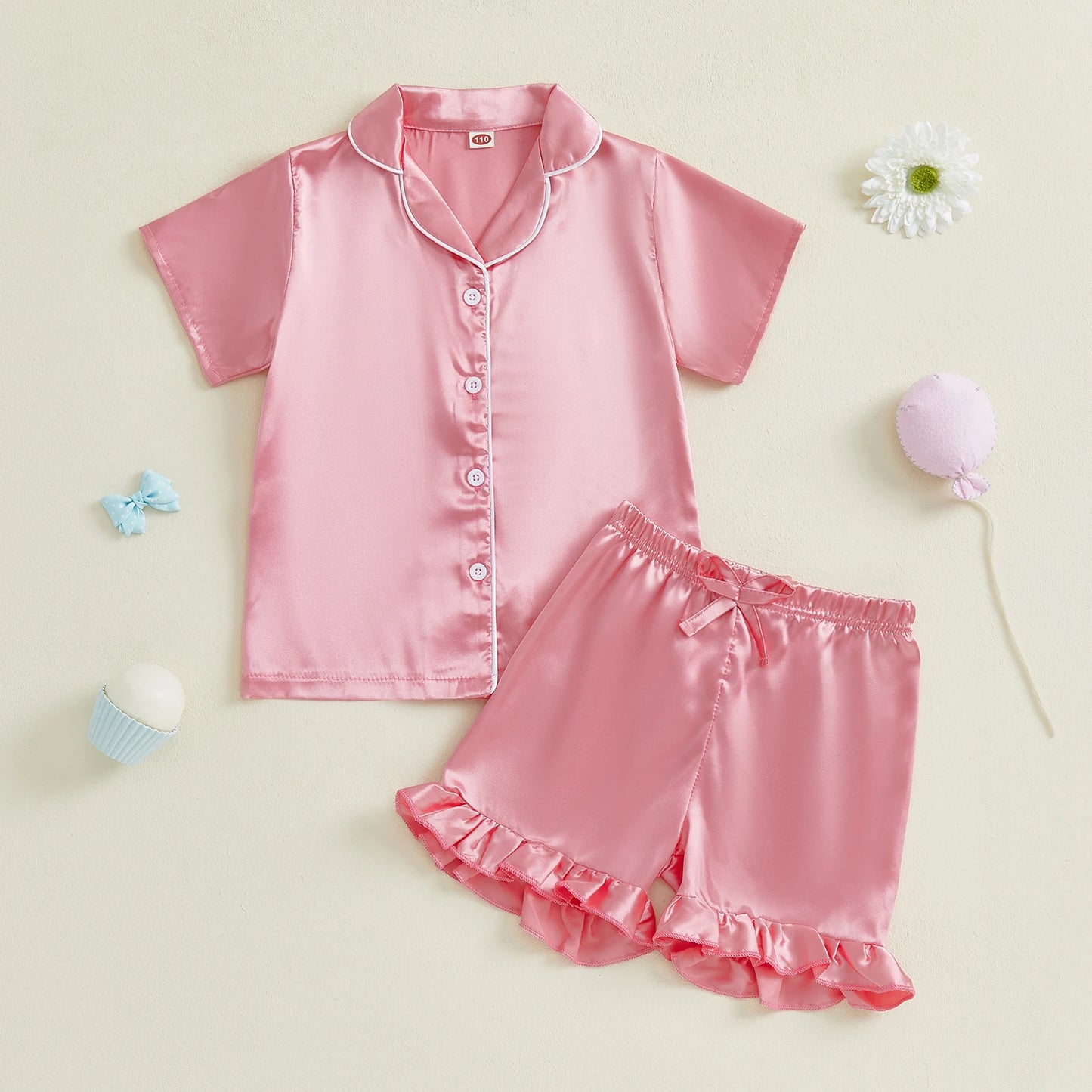 Baby Girls' Summer Pajamas Set - Button Down V-Neck Short Sleeve Top & Ruffled Shorts