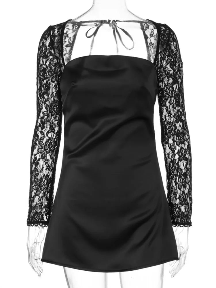 Women's Lace Long Sleeve Mini Square Collar Backless A-line High Waist Party Dress