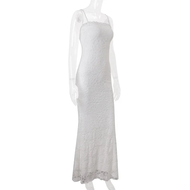 Women's Elegant White Lace Slip Maxi Dress - Sleeveless Backless Bodycon Dress