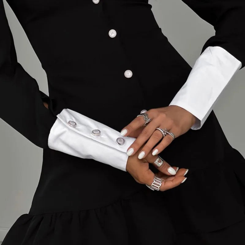 Women's High Waist Retro Splice Long Sleeve Turn Collar Folds Mini Dress