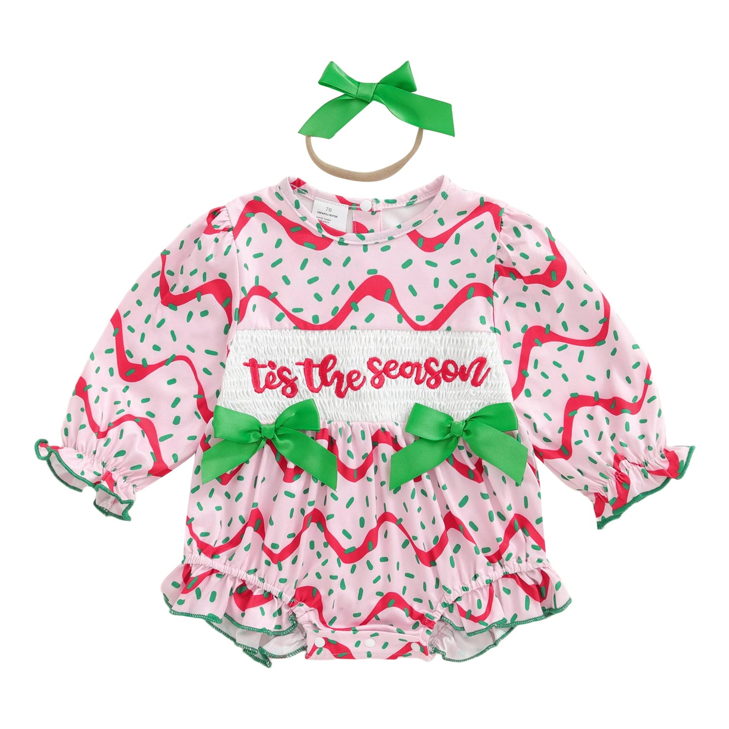 Baby Girls Christmas Romper Set - Letter Embroidery with Bow Headband