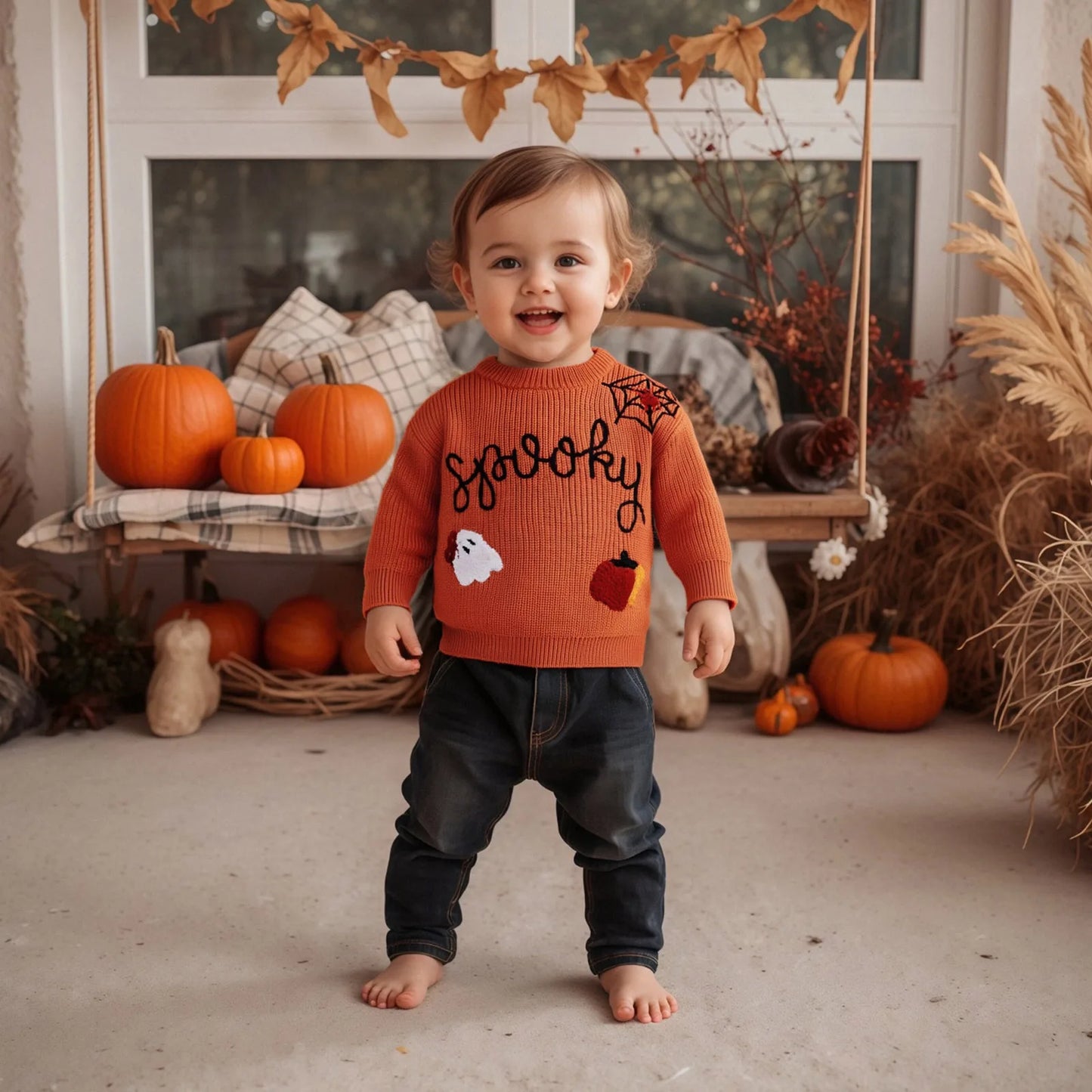 Baby Halloween Knit Sweater - Letter Ghost Pumpkin Spider Web Embroidery