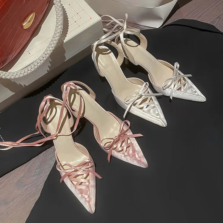 Women's Satin High Heel Sandals Strap 7cm Heel Sandals Bow Pointed Shoes