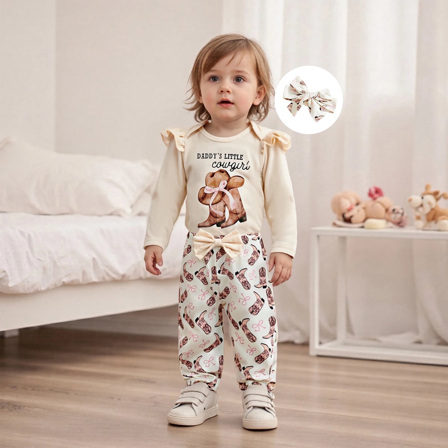 Baby Girls Western Outfit Set - 3-Piece Jumpsuit, Headband & Pants